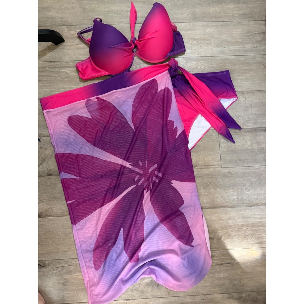 Pink Purple Ombre 3 Piece Bikini Set with Floral Mesh Sarong Cover Up 3XL